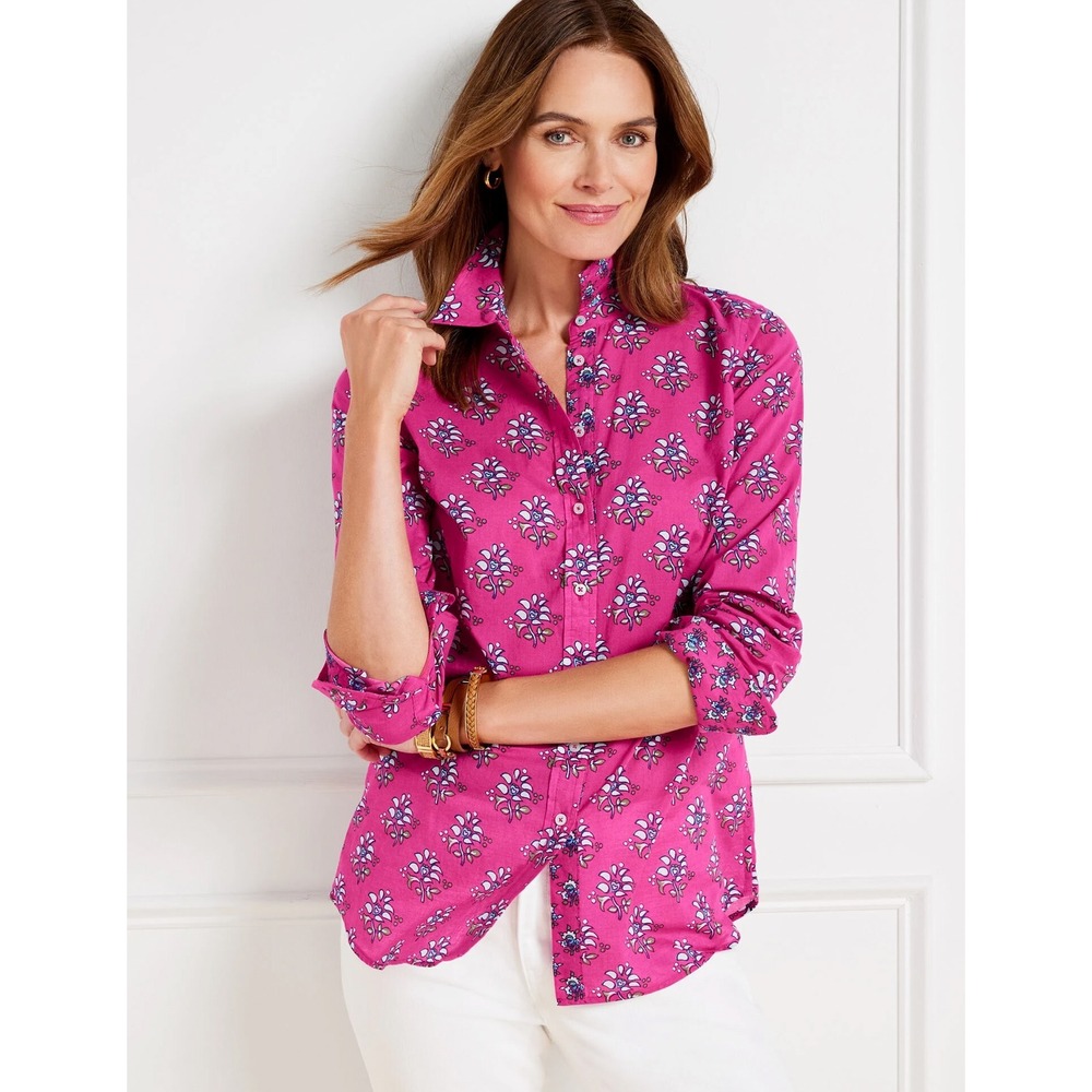Talbots Women Medium Button Up Shirt Blouse Magenta Ditsy Heart Floral Cotton